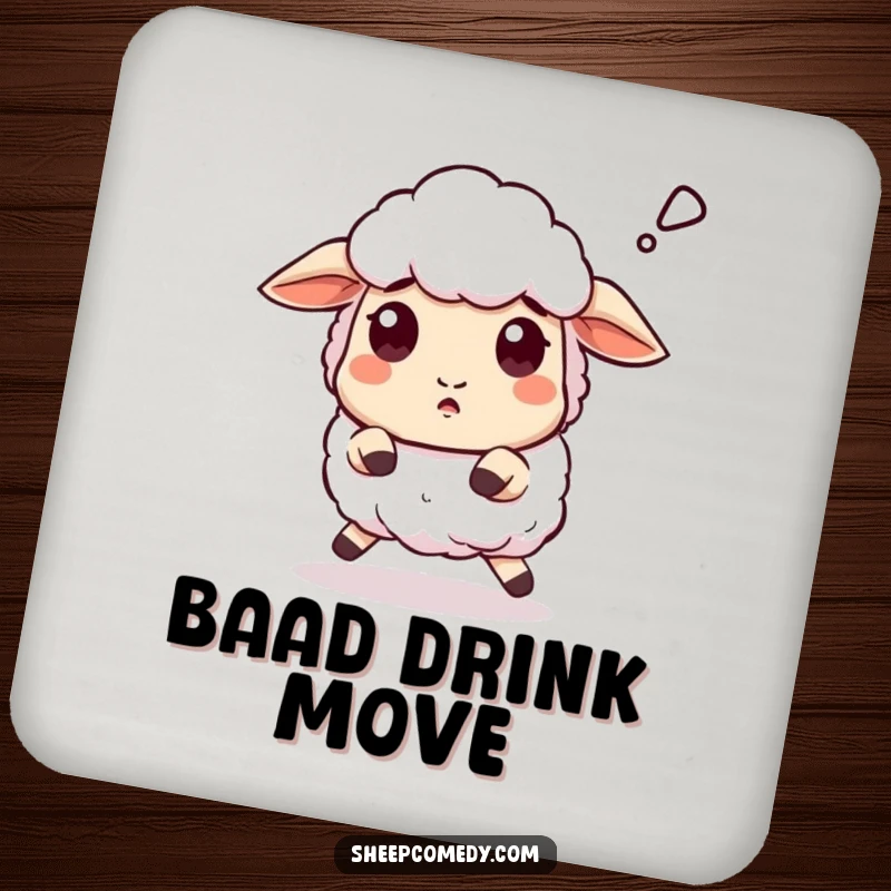 Funny Sheep coasters featuring a sheep stumbling with a surprised 'baaa', protecting surfaces humorously.