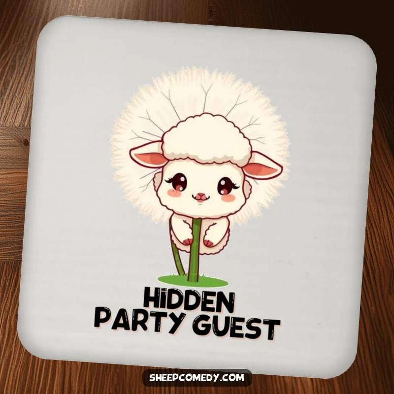 Funny Sheep coasters featuring a sheep peeking from a fluffy dandelion, protecting surfaces humorously.