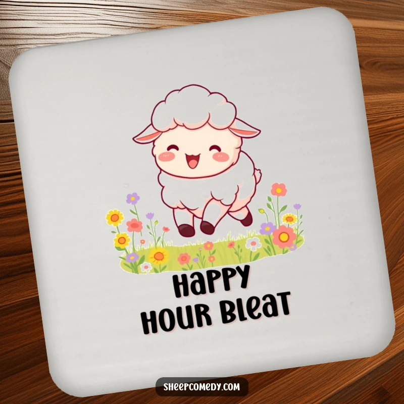 Funny drink coasters depicting a fluffy sheep bleating with joy, happily bounding through a vibrant field filled with colorful flowers.