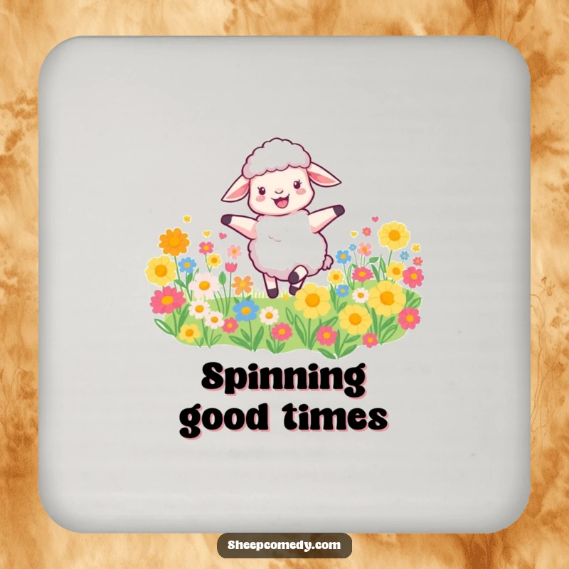 Funny Sheep Coasters display a joyful sheep dancing in a flower field, protecting furniture with whimsical humor and cheerful imagery.