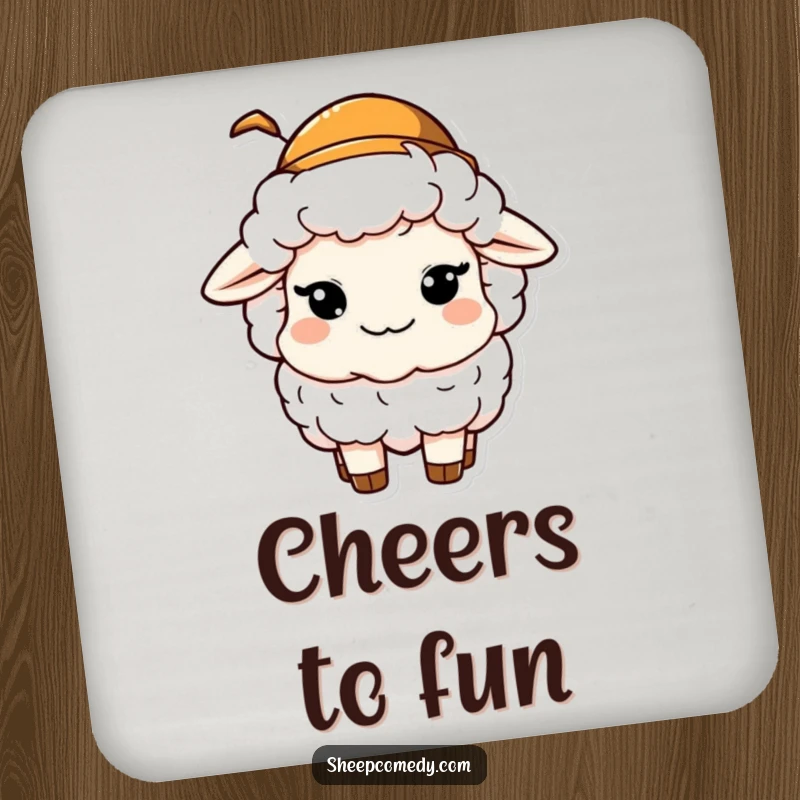 Funny drink coaster featuring a sheep character winking mischievously while wearing a tiny hat, protecting surfaces with playful art.