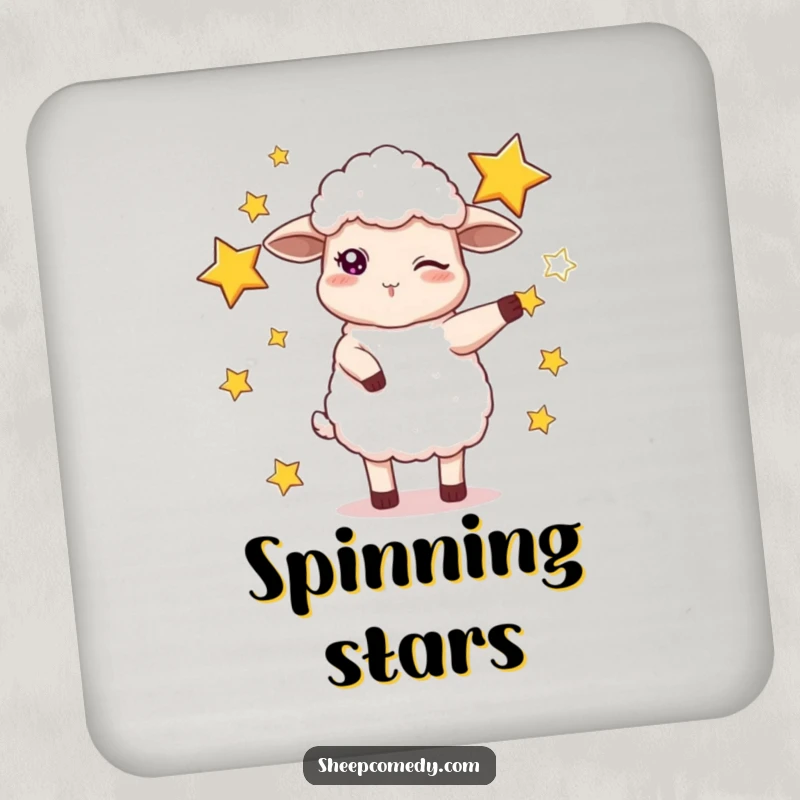 Funny drink coaster featuring a mischievous sheep winking while juggling glowing stars, protecting surfaces with humor.