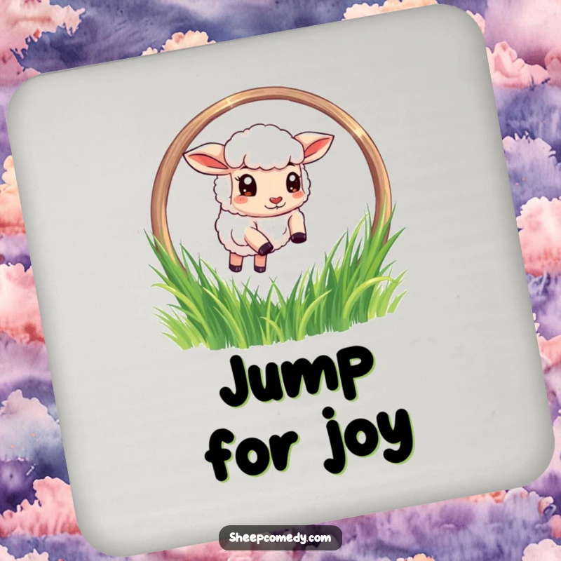 Funny Sheep Coaster: A determined sheep character jumping through a grassy hoop, bringing humor and protection to drink surfaces.