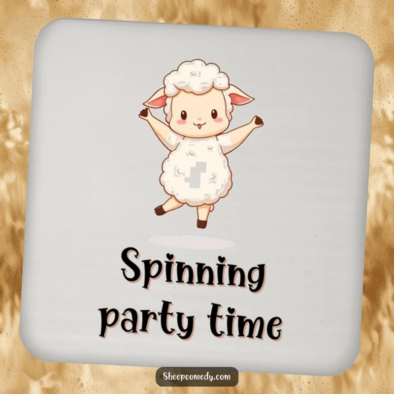 Funny Sheep coasters featuring a sheep doing a wobbly, happy pirouette, protecting surfaces humorously.