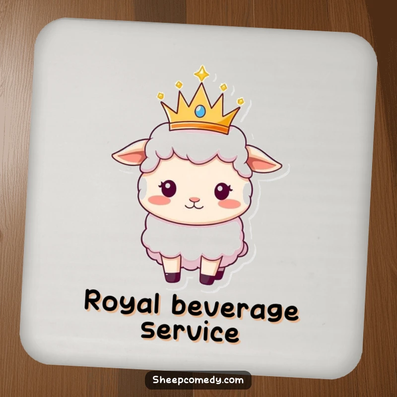 Funny Sheep coaster depicting a sheep balancing a small, sparkly crown, adding a touch of royal elegance.