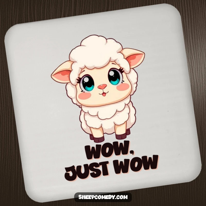 Funny drink coaster featuring a sheep with wide, amazed eyes looking at a vibrant rainbow, protecting furniture with whimsical art.