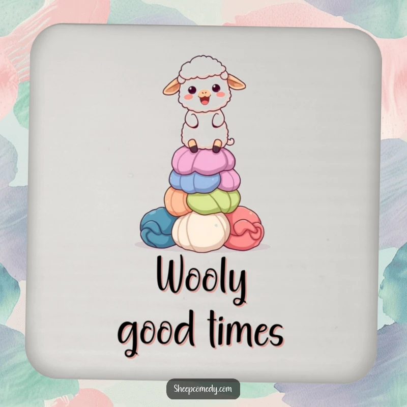 Funny drink coaster with a delighted sheep character balancing a stack of colorful, giant wool balls, offering surface protection with crafty humor.