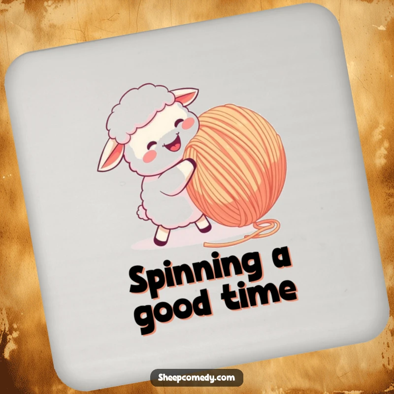 Funny Sheep Coaster: A sheep joyfully butting a large ball of yarn, adding playful humor to any tabletop.