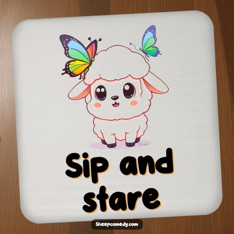 Funny sheep coaster set depicting sheep with wide eyes amazed by rainbow butterflies, adding magical protection to furniture.
