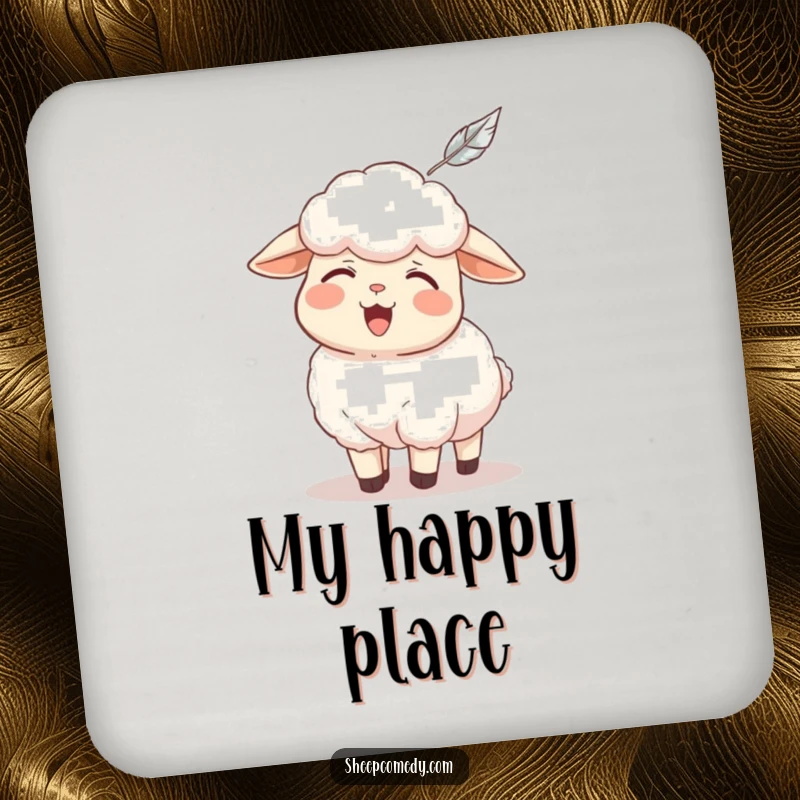 Funny sheep coaster, a sheep character giggling uncontrollably as a feather tickles its chin, humorous table protector.