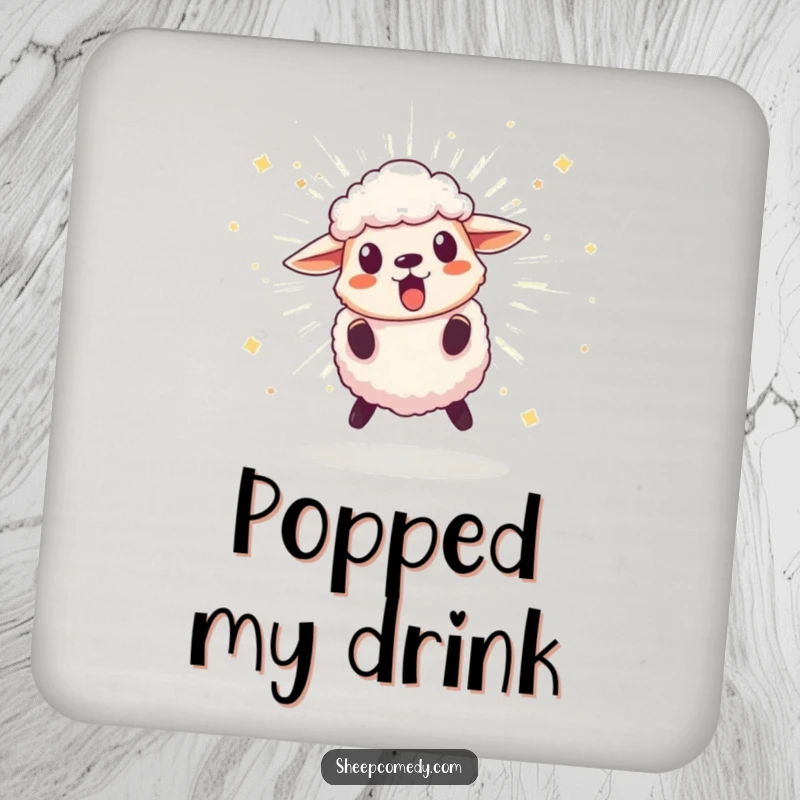 Funny drink coaster with a surprised sheep character recoiling from a bursting, sparkling pom-pom, offering surface protection with a comical surprise.