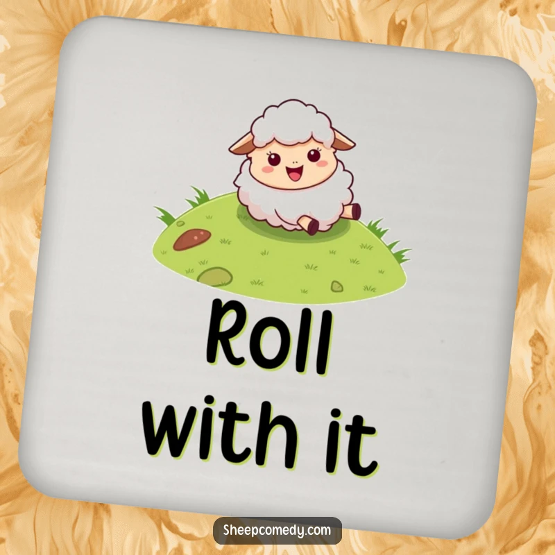 Funny sheep coaster showcasing a fluffy character joyfully rolling down a grassy hill, a humorous way to prevent spills.