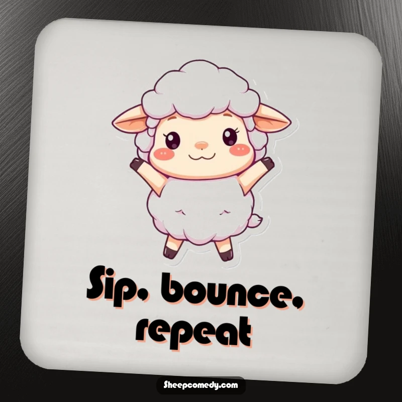 Funny Sheep Coaster featuring a fluffy, woolly sheep character bouncing joyfully, protecting surfaces with cheer and soft charm.