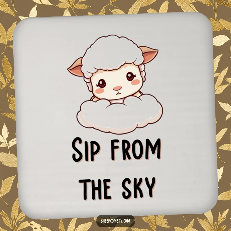 Funny sheep peeking coaster, showing a sheep with mild eyes behind a soft cloud, offering gentle protection for surfaces.