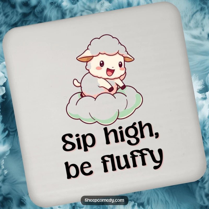 Funny Sheep Coaster Set: Features a happy sheep character bouncing on a green cloud, protecting surfaces with charm.