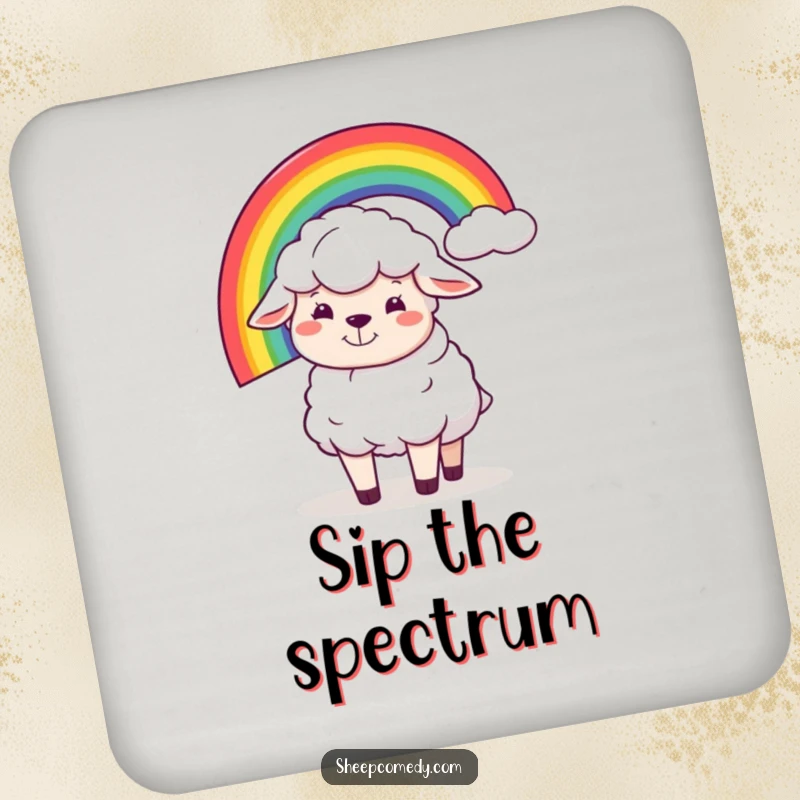 Funny drink coasters featuring a sheep character with a silly grin, humorously balancing a rainbow, perfect for adding whimsy to tables.