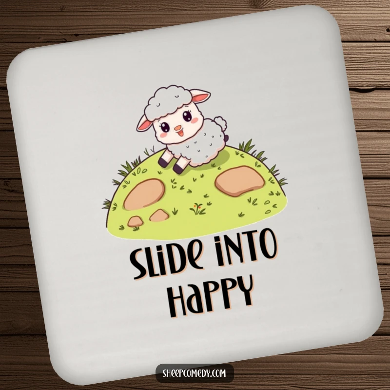 Funny drink coaster with a giddy sheep character sliding down a whimsical, grassy hill, offering surface protection with a delightful, playful humor.