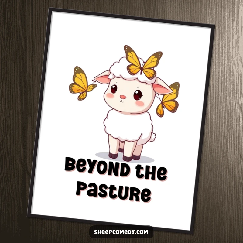 Funny sheep poster, sheep with curious head tilt watching a butterfly, whimsical wall art, perfect funny gift.
