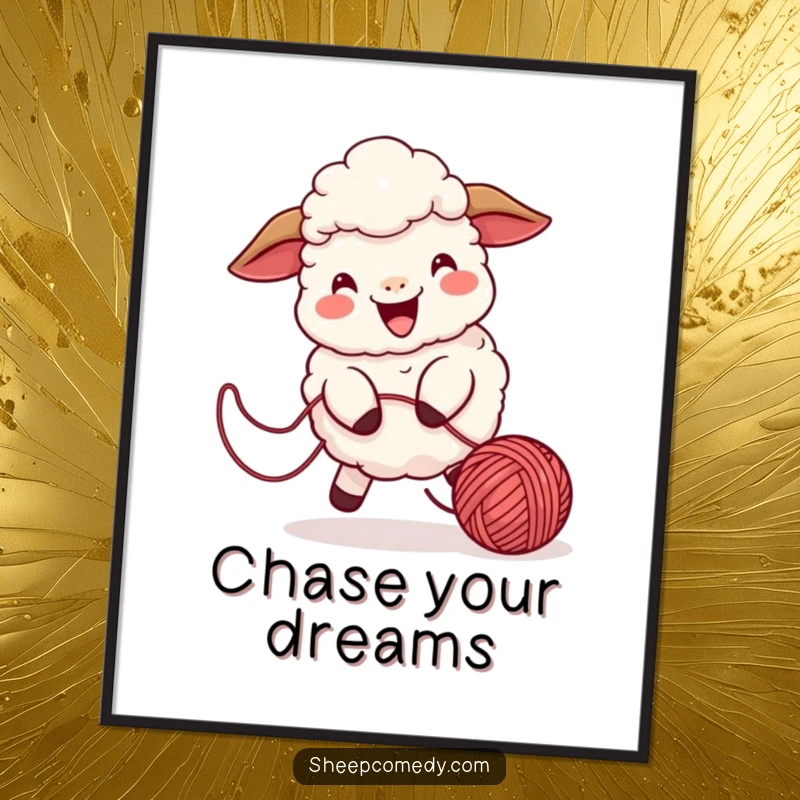 Funny sheep poster showcasing a playful character chasing a bouncing ball of yarn, full of cheerful energy.