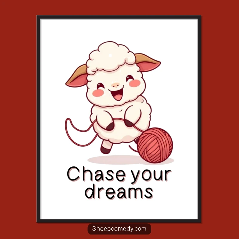 Funny Sheep Yarn Chase Poster: Playful Art, Cheerful Wall Decor