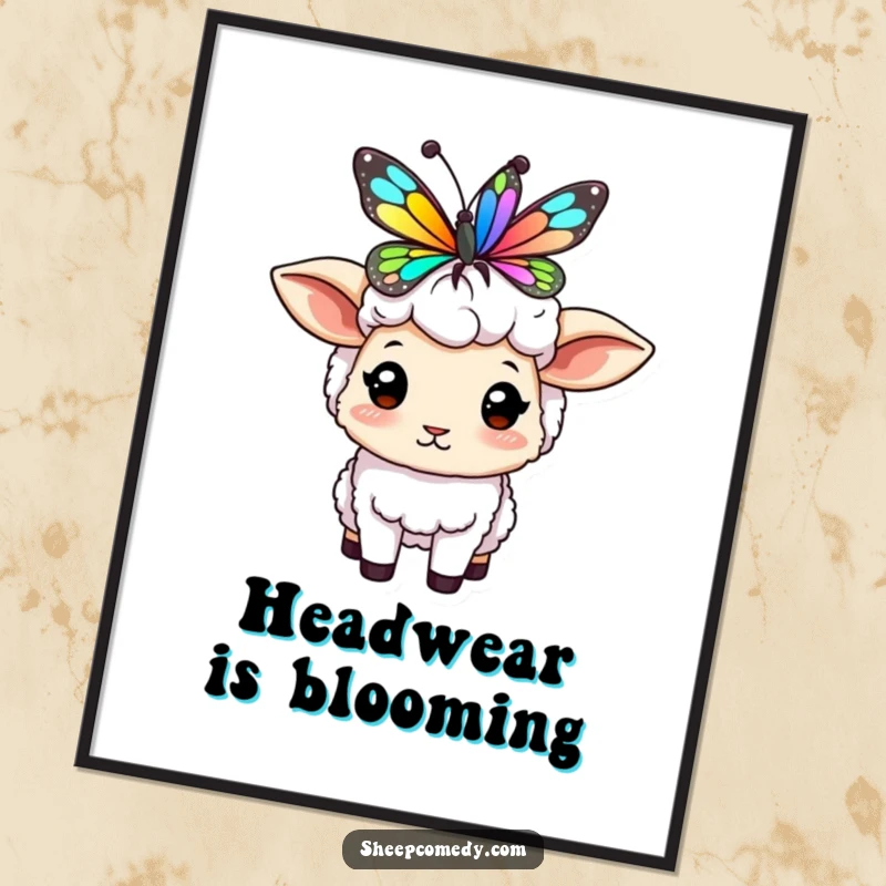 Funny sheep poster depicting a character balancing a colorful butterfly on its head, a charming and humorous piece of art.