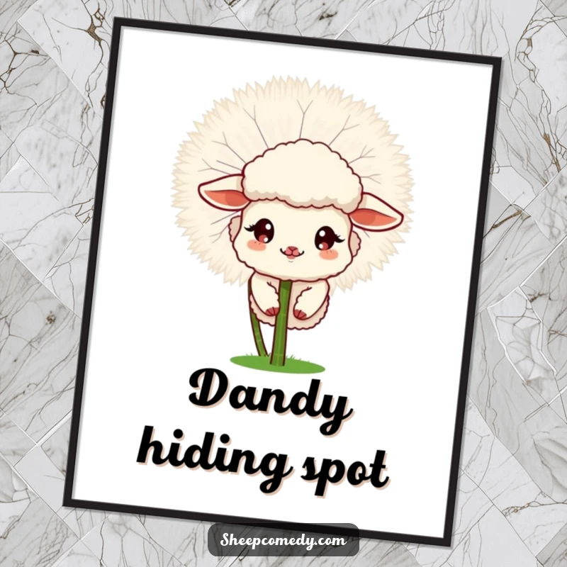 Funny Sheep poster showing a sheep peeking from a fluffy dandelion, whimsical and humorous wall art.