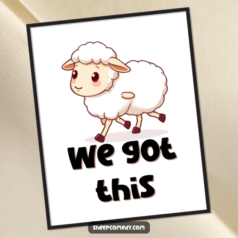 Funny poster print of a sheep with unsteady, wobbly legs walking alongside a comforting friend, symbolizing mutual support and love.