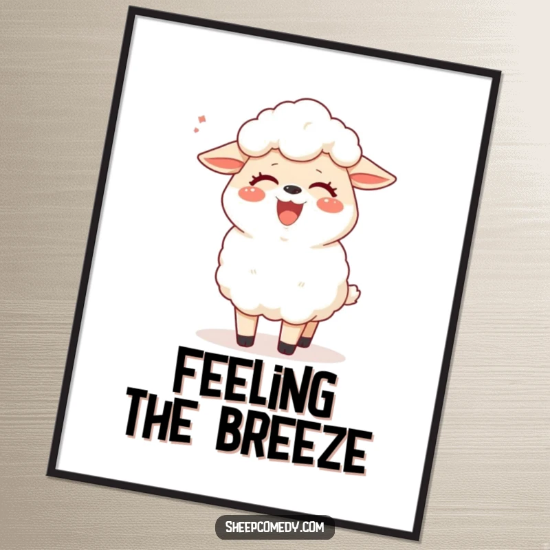 Funny sheep poster featuring a sheep in fits of giggles due to a tickling breeze, adding humorous wall art to any room.