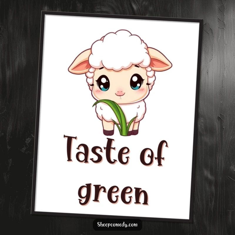 Funny poster depicting a sheep with wide, innocent eyes, gently and happily nibbling on a single, delectable blade of fresh green grass.