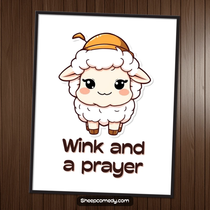 Funny poster print of a sheep character winking playfully while wearing a small hat, bringing a humorous and mischievous vibe.
