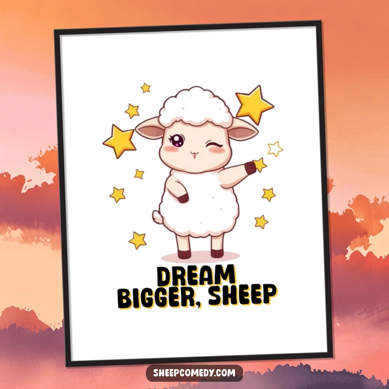 Funny poster illustrating a sheep winking and juggling vibrant, oversized stars, creating a whimsical wall art piece.