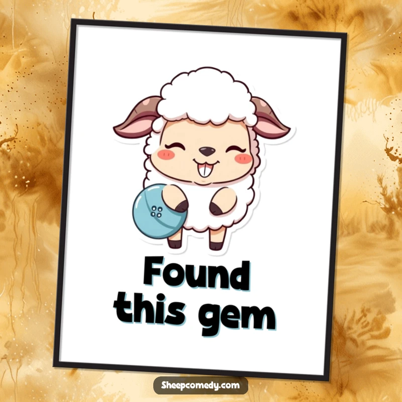 Funny sheep poster art, a mischievous sheep nudging a lost button, perfect for humorous wall decor.