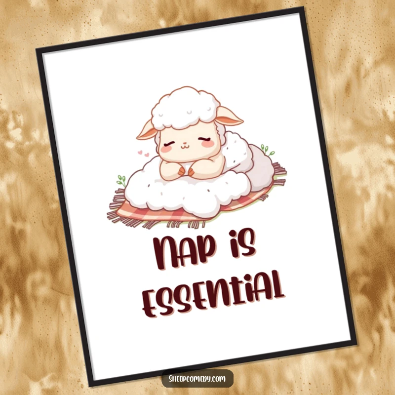 Funny poster art of a sheep with a happy sigh, napping peacefully on a fluffy picnic blanket, embodying relaxation and contentment.