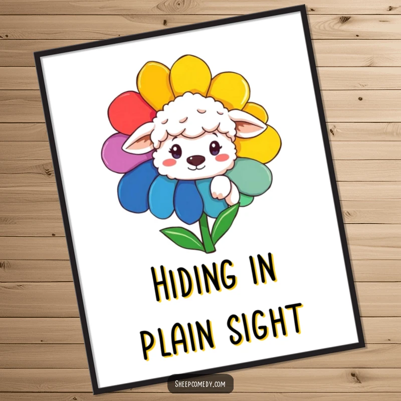 Funny Sheep Poster: A curious sheep peeking from behind a rainbow-colored flower, ideal for whimsical wall decor.