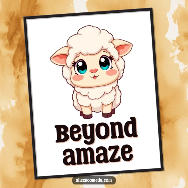 Funny poster print of a sheep with wide, amazed eyes looking up at a vibrant rainbow, symbolizing dreams and delightful surprises.