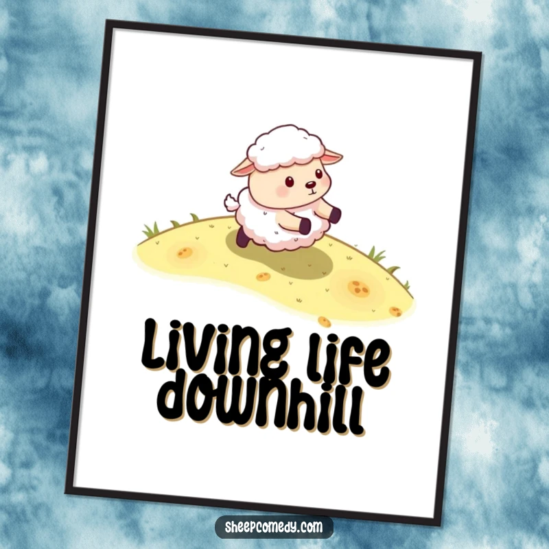 Funny Sheep Poster: Illustration of a sheep character energetically rolling down a green grassy slope, perfect wall art.