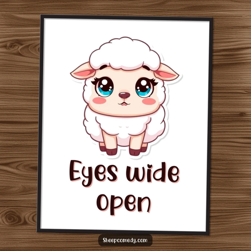 Funny Sheep Poster of an innocent sheep character looking surprised, eyes wide and full of innocent wonder.