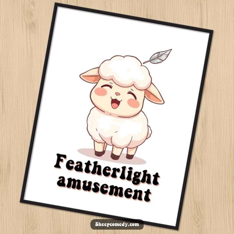 Funny sheep poster, a whimsical illustration of a giggling sheep being tickled by a falling feather, humorous wall art.