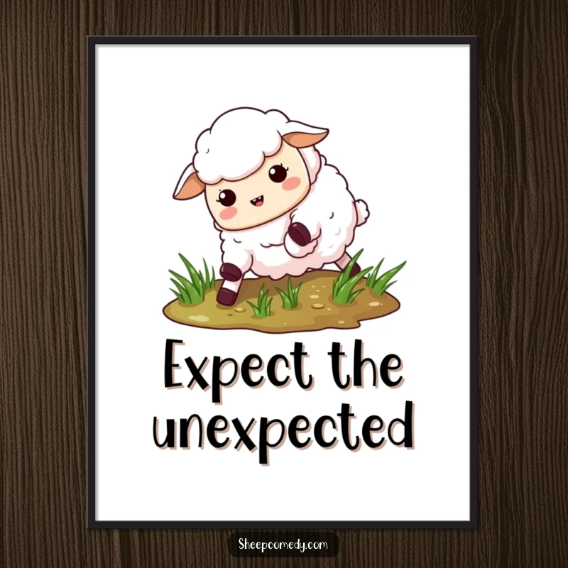 Funny Slipping Sheep Poster: Wall art featuring a sheep comically falling on wet grass, bringing humor to any room.