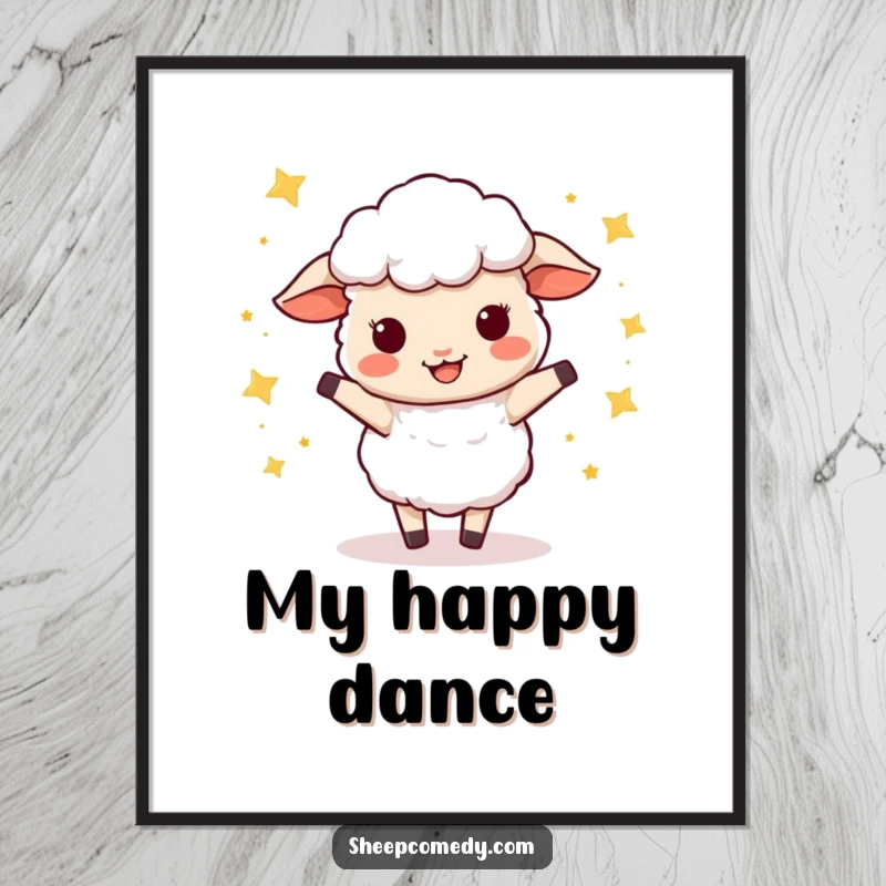 Funny Sheep Poster: A sheep performing a joyful wiggle dance, with tiny stars scattered around, radiating pure happiness.