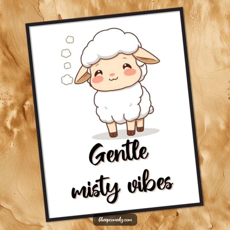 Funny sheep character exhaling a gentle mist cloud with a happy expression, perfect for a wall poster.