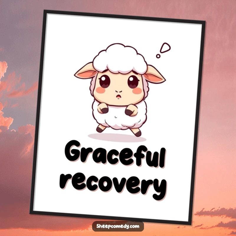 Funny Sheep poster showing a sheep stumbling and exclaiming 'baaa' with surprise, humorous wall decor.