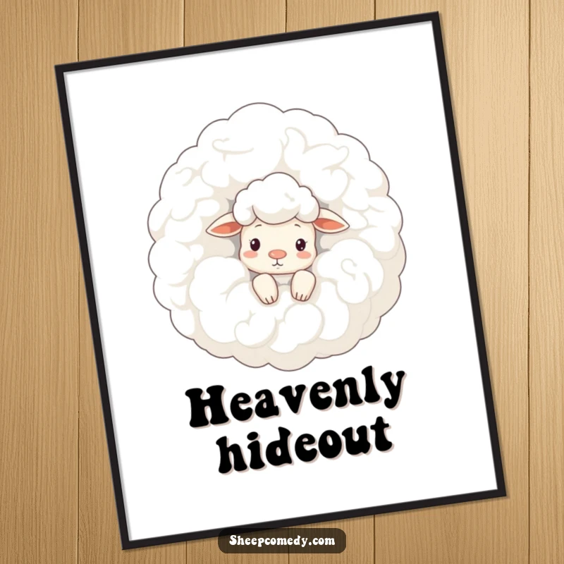 Funny sheep poster: a curious sheep character peeks from behind an immense, woolly cloud, evoking a sense of wonder and discovery.