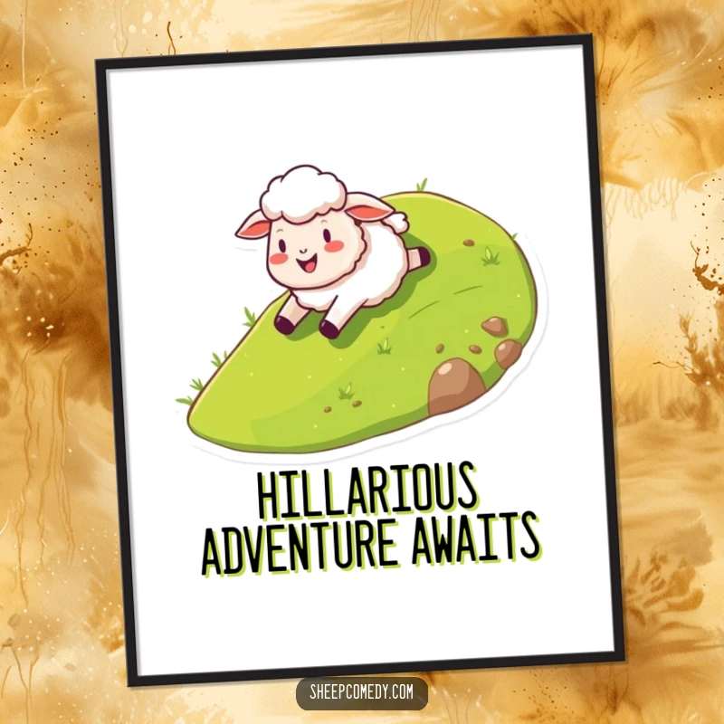 Funny sheep poster depicting a happy sheep character in mid-slide down a stylized grassy hill, radiating pure, unadulterated glee.