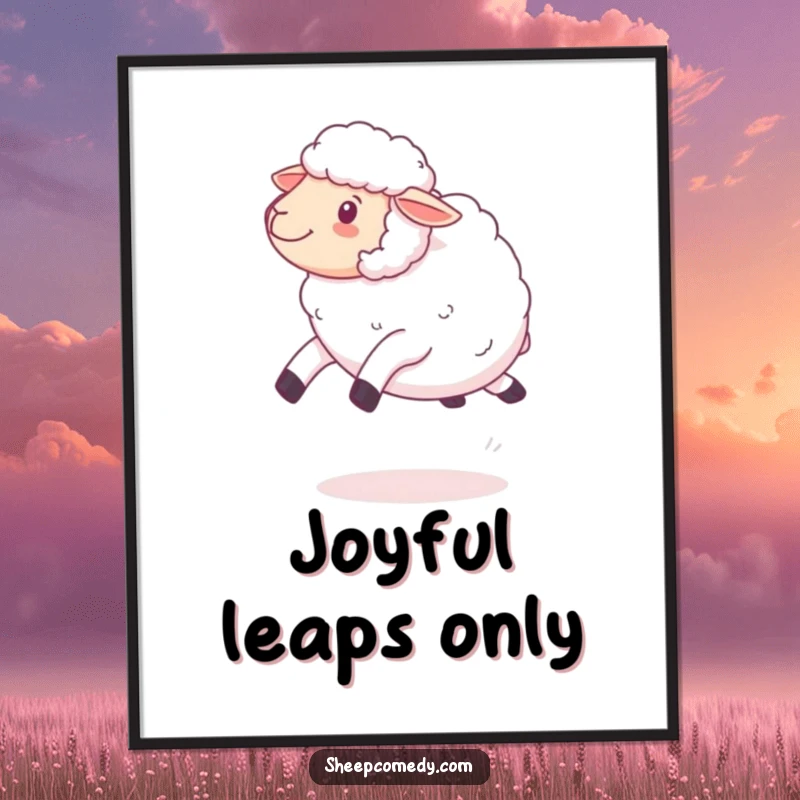 Funny kawaii sheep leaping poster, depicting a fluffy sheep with soft wool, captured in a joyful bouncing motion.