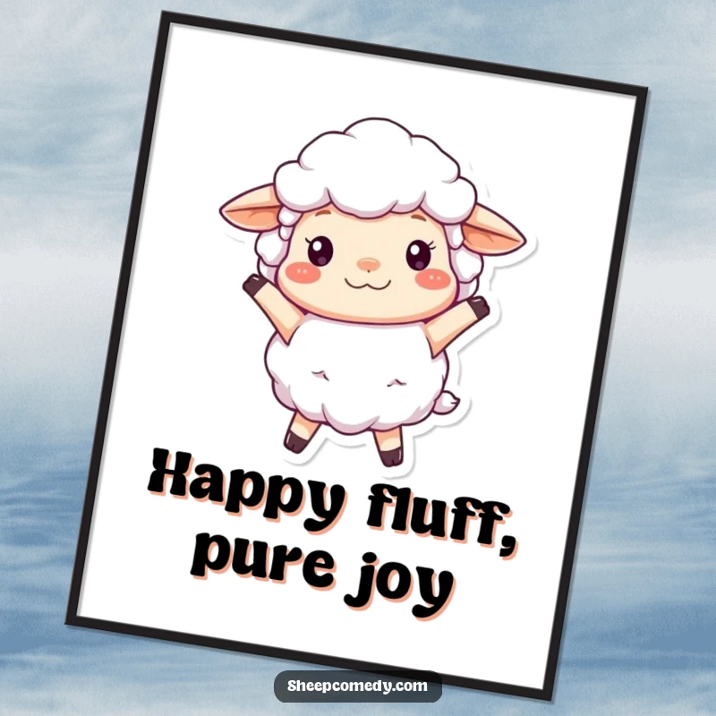 Funny Sheep Poster featuring a fluffy, woolly sheep character bouncing cheerfully, bringing a sense of joy and playful energy to decor.