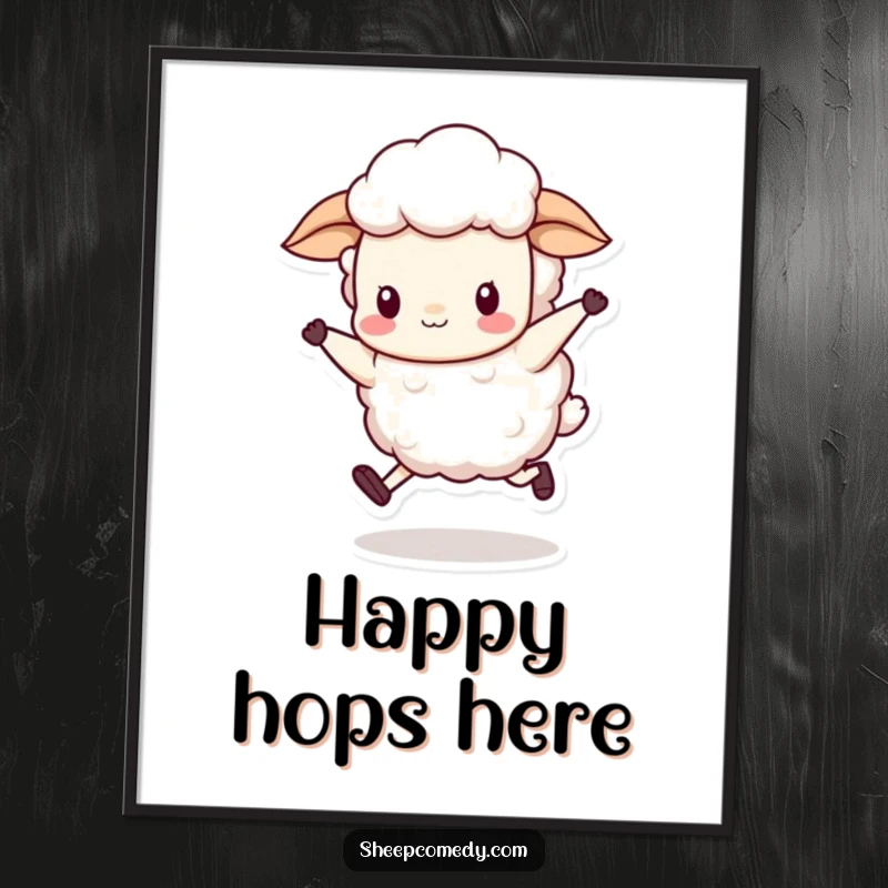 Funny sheep character doing a silly skip, wool bobbing rhythmically, perfect for a lively wall poster.