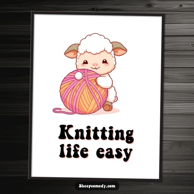 Funny Sheep Poster: A happy sheep character playfully interacting with a giant, colorful ball of yarn, creating a humorous scene.