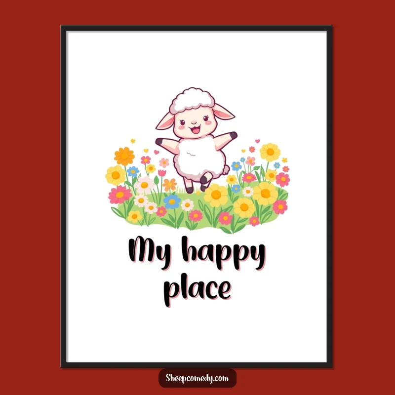 Funny Joyful Sheep Poster - Whimsical Flower Field Wall Art
