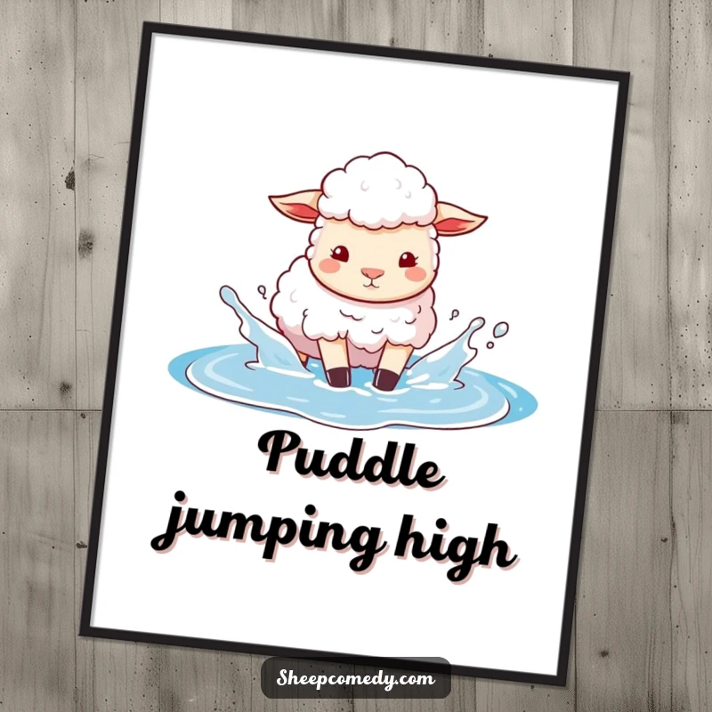Funny poster art of a sheep playfully splashing in a puddle of bright blue sky, capturing imagination and whimsical moments.